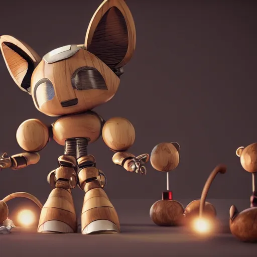 Image similar to 3 d octane render ultra 8 k photorealistic hyper detailed unreal engine an art wooden toys that represent a mythical robot your cute with cat ears