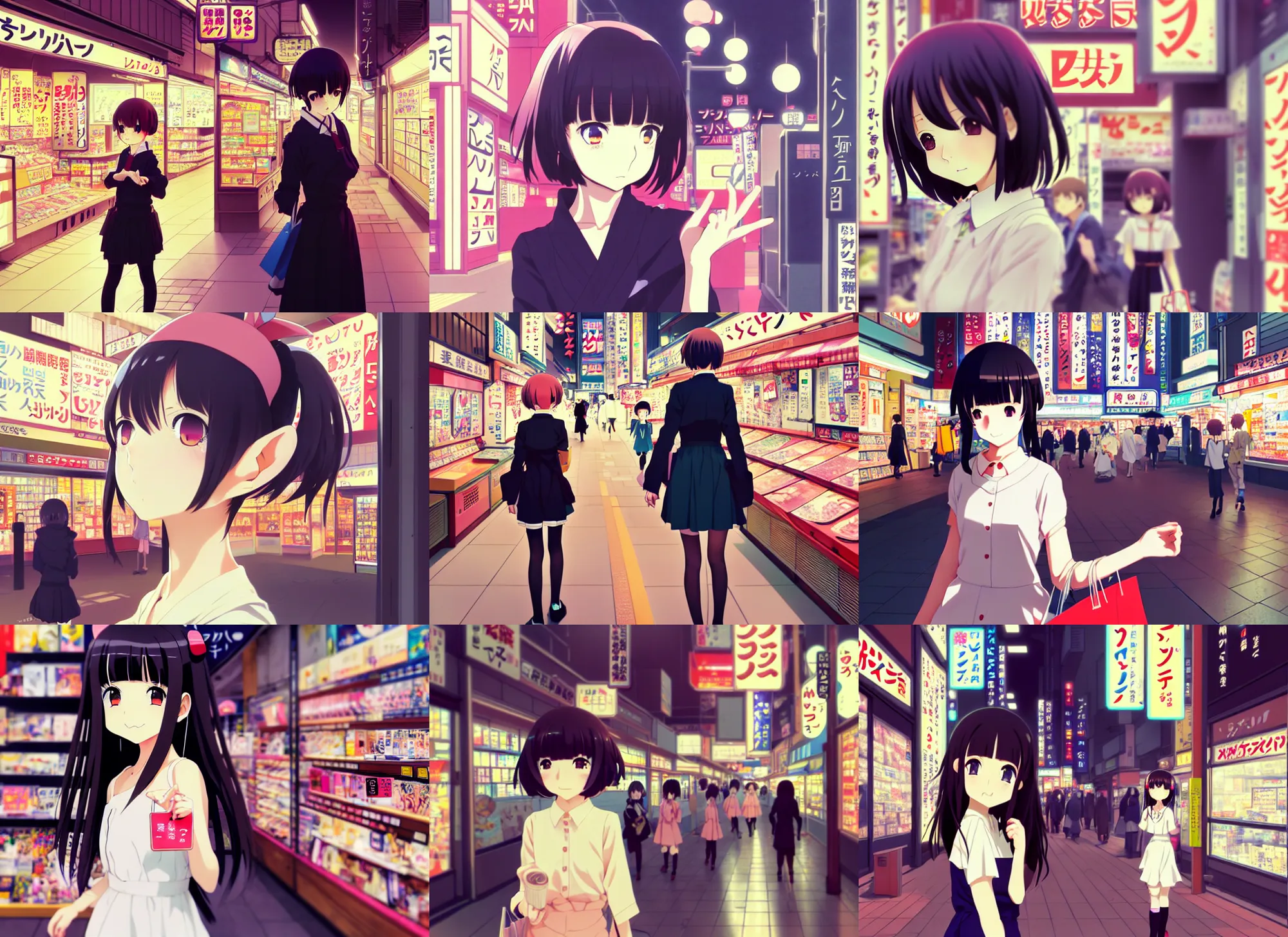 Prompt: anime visual, low light portrait of a curious young woman shopping in akihabara, cute face by ilya kuvshinov, yoh yoshinari, dynamic pose, dynamic perspective, high contrast, cel shaded, rounded eyes, kyoani, natsume yuujinchou, smooth facial features, dress up darling anime