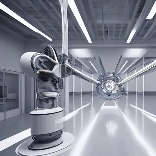 Prompt: abb industrial robot arm in a white clean room with global illumination intricate details wires