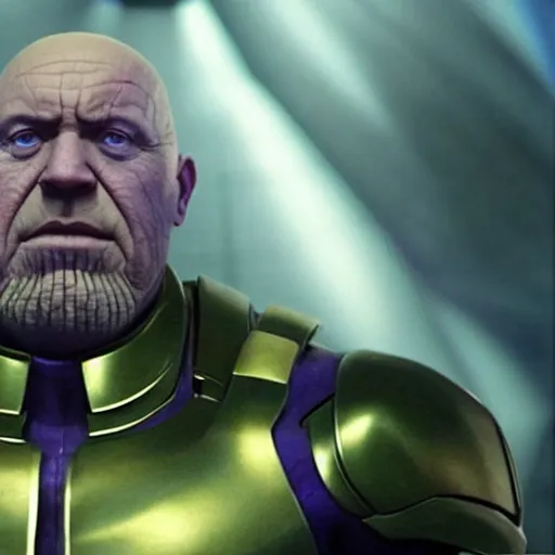 Image similar to Jonathan Banks as Thanos, HD promotional screenshot from new Avengers film, 8k ultra realistic, Marvel animation