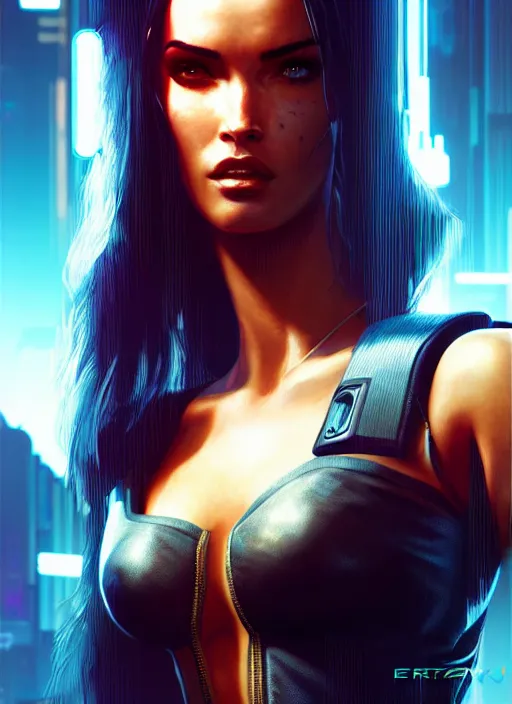 Image similar to portrait of cyberpunk 2 0 7 7 megan fox, intricate, elegant, glowing lights, highly detailed, digital painting, artstation, glamor pose, concept art, smooth, sharp focus, illustration, art by artgerm and greg rutkowski, artey freytag