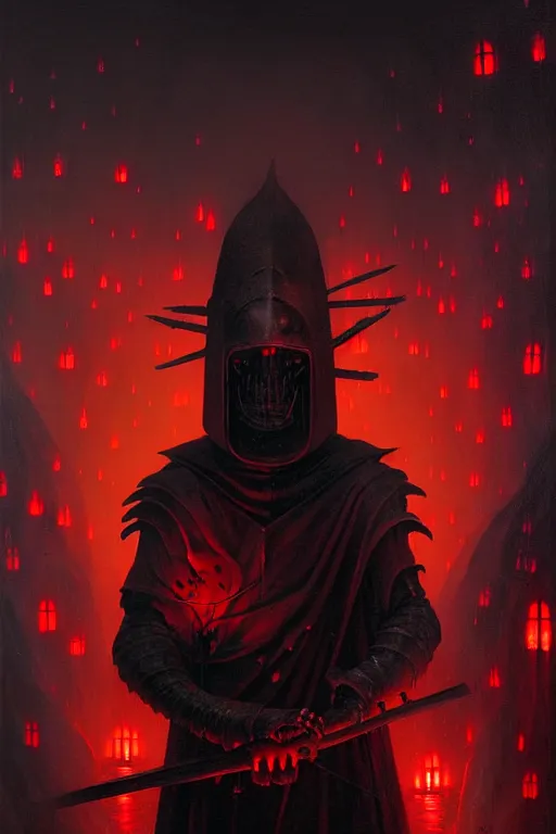 Image similar to hieronymus bosch, greg rutkowski, anna podedworna, painting of the black knight, glowing red evil lights, graveyard