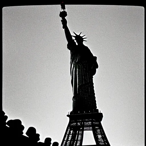 Image similar to lady liberty kissing the eiffel tower