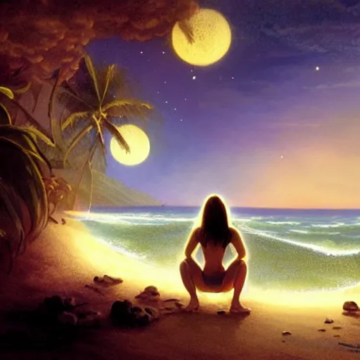 Prompt: hawaiian!! woman [ sitting on a brightly illuminated beach ]!! under the radiant stars, back view!!, illuminated by the stars, fantasy art, digital art, 3 d modeling, light painting, golden ratio!!, illustrated by greg rutkowski, gaston bussiere, and max hay, 4 k digital art, 8 k quality, full body