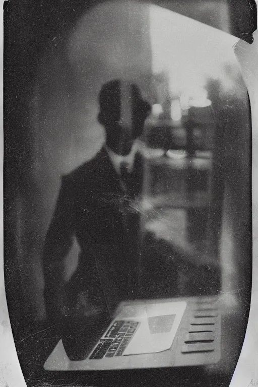 Image similar to 1 9 0 0 s photo of a person on a macbook pro old photo grain double exposure masterpiece