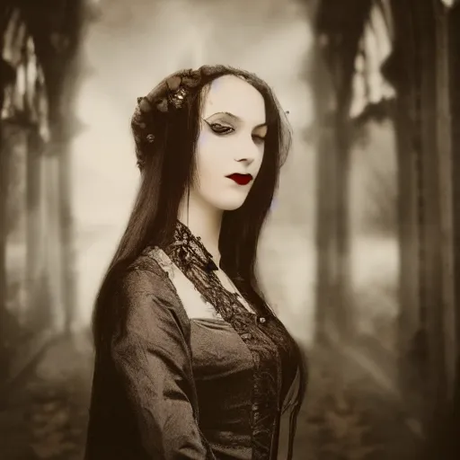 Prompt: A beautiful portrait of a lady vampire, victorian, dracula, ominous, depth of field, bokeh, irwin penn, soft light, cinematic