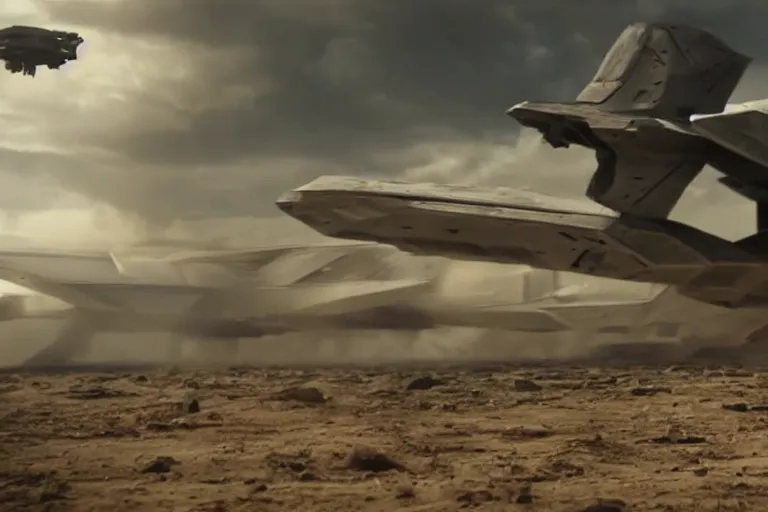 Image similar to VFX movie of a futuristic spaceship taking off in war zone, natural lighting by Emmanuel Lubezki