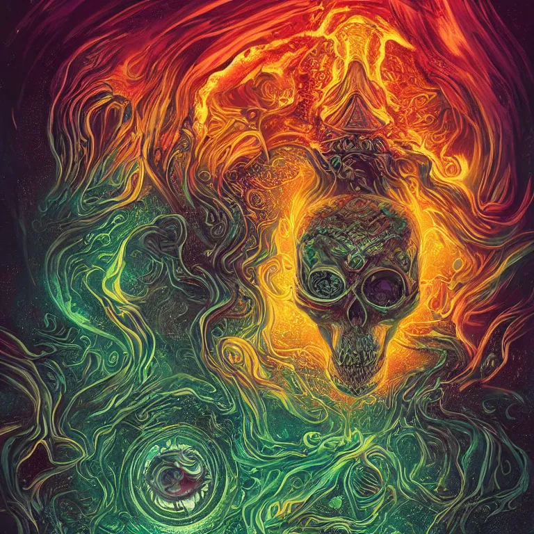 Image similar to a symmetrical composition of a giant skull with deep and intricate rune carvings and glowing eyes with thick lovecraftian tentacles emerging from a space nebula by dan mumford, twirling smoke trail, a twisting vortex of dying galaxies, digital art, vivid colors, highly detailed