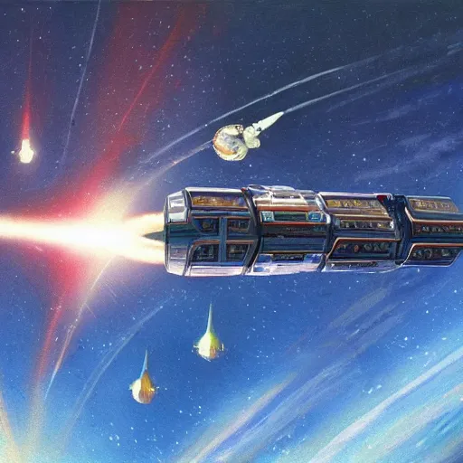 Prompt: concept art of an large spaceship with the shape of a lance, traveling through space by chris foss, it has six thrusters in the back, artstation hq.