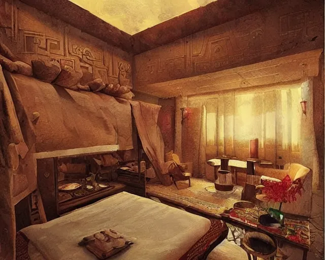 Prompt: a luxury hotel! suite room in the style of precolombian aztec!, art by greg rutkowski and artgerma, stunning! concept art, interior! design