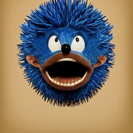 Prompt: anthropomorphic blue hedgehog with human teeth, studio portrait