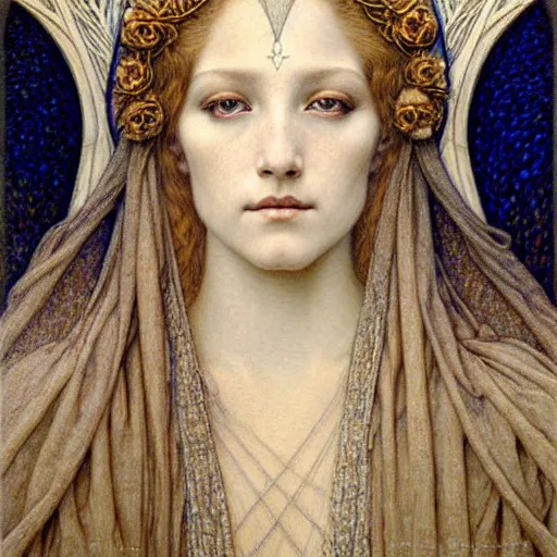 Image similar to detailed realistic beautiful young medieval queen face portrait by jean delville, gustave dore and marco mazzoni, art nouveau, symbolist, visionary, gothic, pre - raphaelite. horizontal symmetry