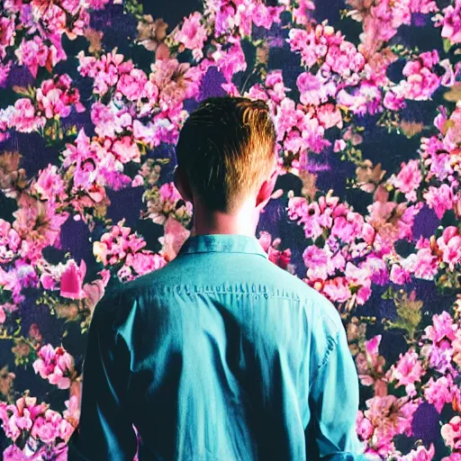 Image similar to kodak portra 4 0 0 photograph of a skinny blonde guy standing in front of floral wallpaper, back view, moody lighting, telephoto, 9 0 s vibe, blurry background, vaporwave colors, faded!,