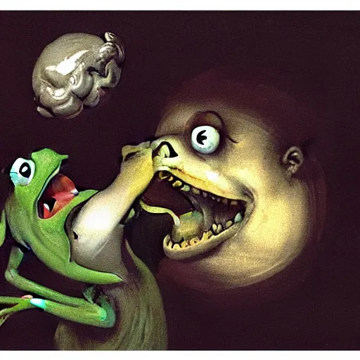 Image similar to “Kermit the Frog Devouring His Son” by Francisco Goya, in the style of “Saturn Devouring His Son”, fresco, horror