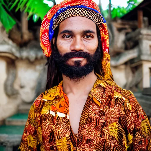 Prompt: a portrait photo of jesus christ wearing batik bali when holiday in bali, perfect faces, sigma 3 5 mm