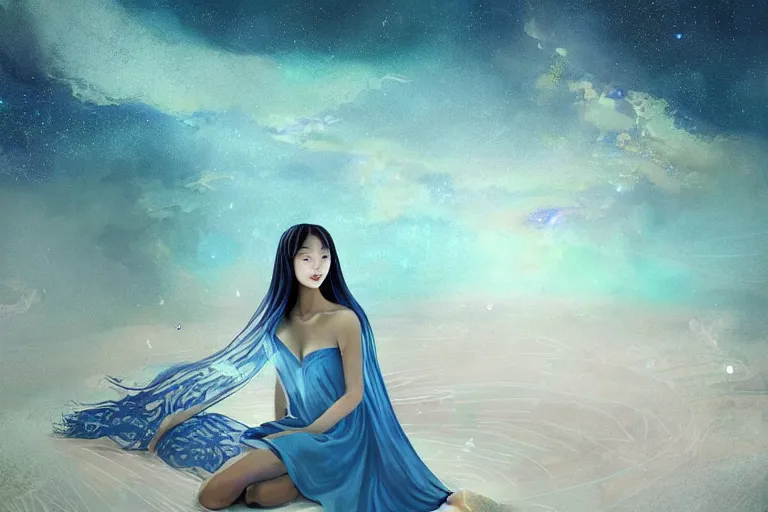 Prompt: beautiful Wizard Korean Goddess wearing chic dress relaxing at the Sea Of Stars of Vaadhoo Island Maldives, Bioluminescent sea plankton that shines bright blue during the night makes the sea area, glowing water, intricate, elegant, luxurious, digital painting, concept art, smooth, sharp focus, from Star Trek 2021, illustration, by WLOP and Ruan Jia and Mandy Jurgens and William-Adolphe Bouguereau, Artgerm