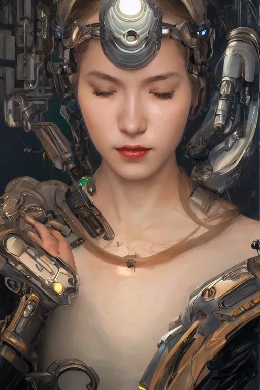 Prompt: Portrait of beautiful smiling Ultra realistic illustration, beautiful alluring female cyborg, eyes closed ,cyberpunk, sci-fi, fantasy, intricate, elegant, highly detailed, digital painting, artstation, concept art, smooth, sharp focus, illustration, art by Yintion J , Jiang Geping and artgerm and greg rutkowski and alphonse mucha.