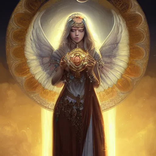 Image similar to A beautiful digital painting of a female Seraphim full of jewels, princess, the moon behind her, intricate, cinematic lighting, highly detailed, digital painting, Artstation, concept art, smooth, sharp focus, illustration, art by Tom Bagshaw, Artgerm and Greg Rutkowski