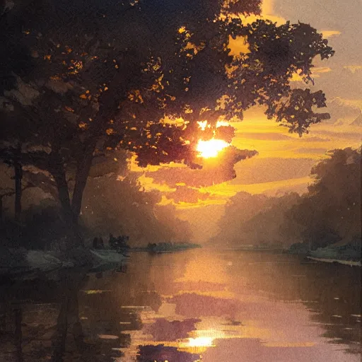 Prompt: River leading into a sunset, Watercolor, photorealistic, high resolution, award winning, trending on artstation, intricate, elegant, highly detailed, digital painting, artstation, concept art, smooth, sharp focus, illustration, art by artgerm and greg rutkowski and alphonse mucha