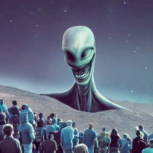 Prompt: photograph of first alien on earth, posing among humans, in group photograph, 4k, hyper realistic