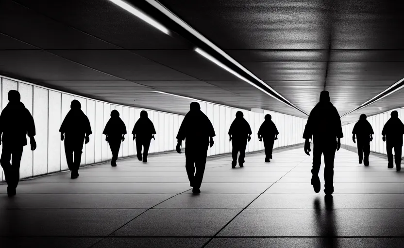 Prompt: Black quadcopters swarm the wide hallways in a futuristic prison underground with brutalist architecture, staff can be seen carrying black duffel bags, sigma 85mm f/1.4, 4k, depth of field, high resolution, 4k, 8k, hd, full color