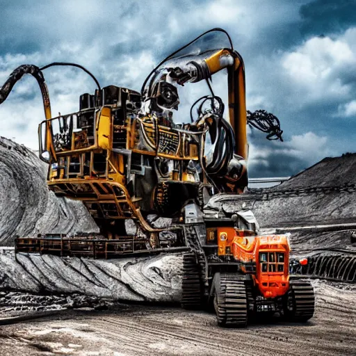 Image similar to giant scary treaded mining automated machine with drill, mining scrap metal, highly detailed body, retro, industrial, dark, dystopian, apocalyptic, clean, 8 5 mm f / 1. 4