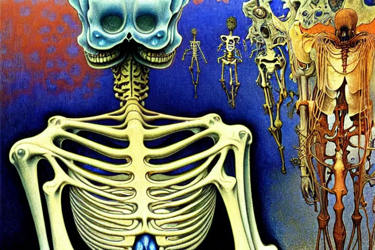 Image similar to realistic detailed closeup portrait painting of a single skeleton wearing a cape in a crowded futuristic moscow street by Jean Delville, Amano, Yves Tanguy, Alphonse Mucha, Ernst Haeckel, Edward Robert Hughes, Roger Dean, rich moody colours, blue eyes