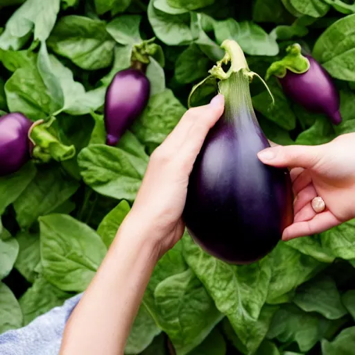 Prompt: a woman holding an eggplant emoji