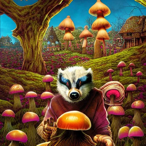 Prompt: 4 k headshot portrait of a psychedelic demonic anthropomorphic badger with mushroom themed clothes, magic mushroom village in background by jeff easley, award winning, stylized neon, post - processing, masterpiece, superb resolution. in the art style of junji ito and greg rutkowski. detailed mushroom city in background. hyper realistic anime. perfect art. dalle 2