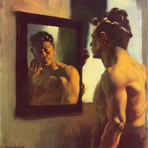 Image similar to a man looking in a mirror, frank frazetta