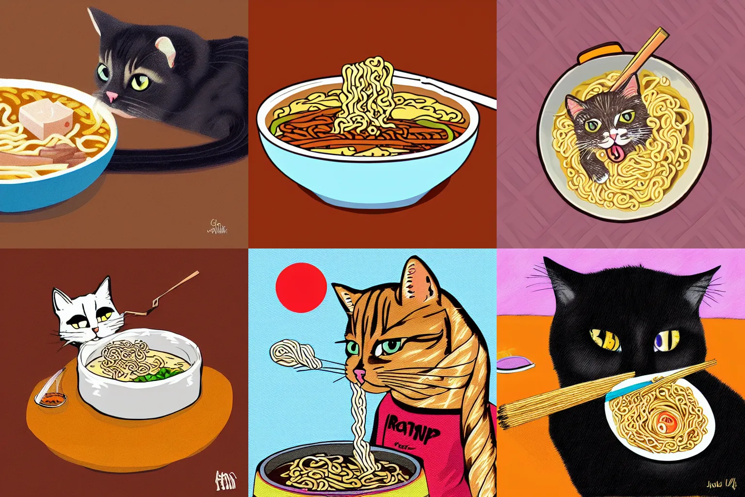 Prompt: Cat eating ramen noodles, digital art