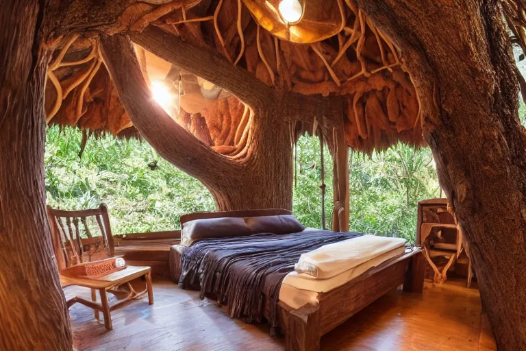 Image similar to a bed of chocolate inside at a tree house