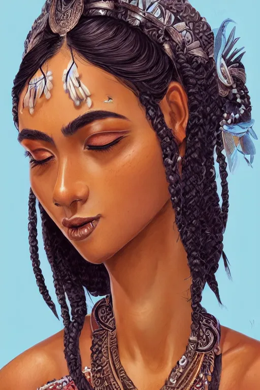 Image similar to A bust of a beautiful dark skinned Maori girl with large lips and smooth eyebrows and straight hair, HD, illustration, epic, fantasy, intricate, elegant, amazing detail, digital painting, artstation, concept art, smooth, sharp focus, illustration, art by Turine Tran