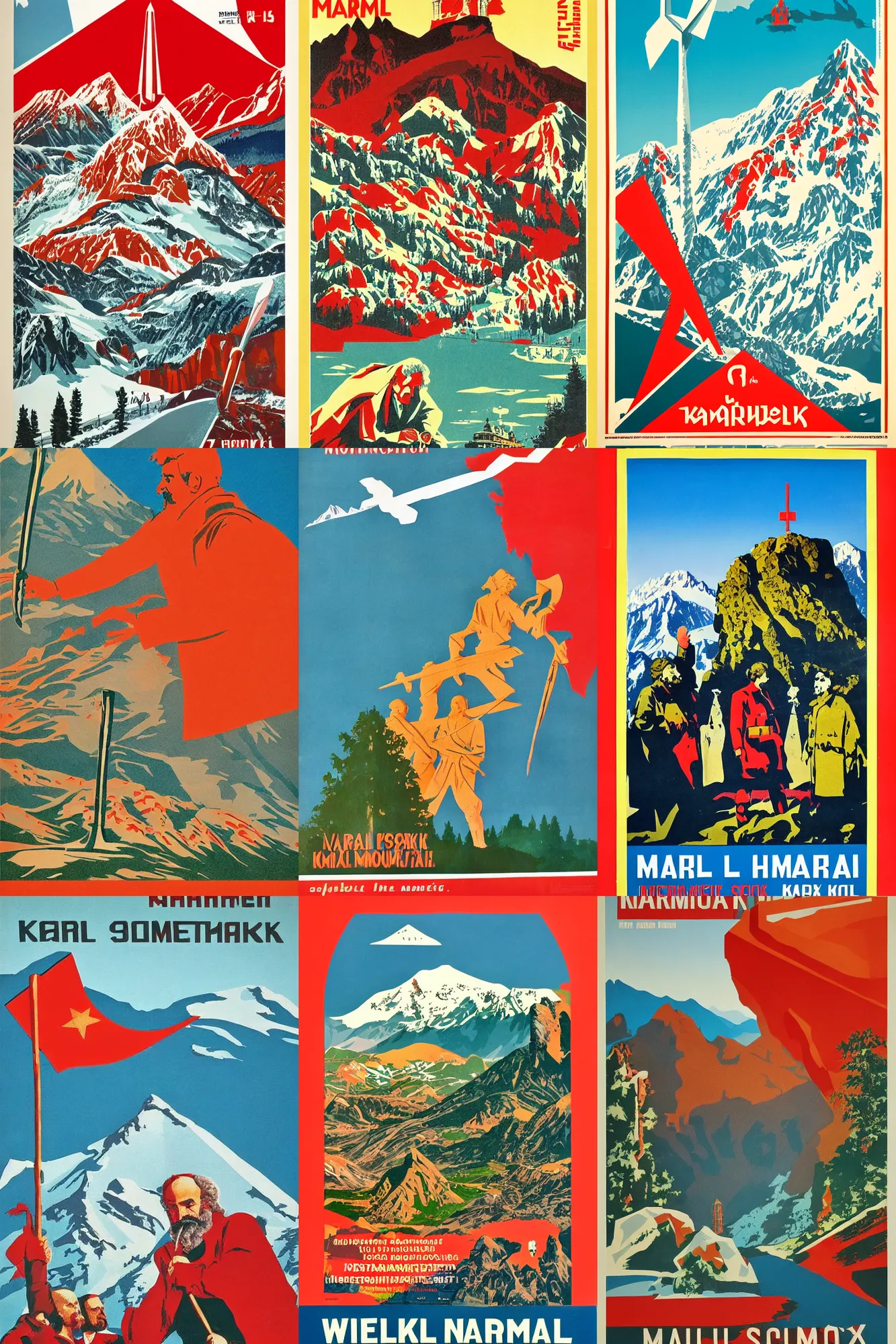 Prompt: welcome to Karl Marx Socialist National Park! hammer, sickle, mountain, vibrant Soviet Tourism Poster