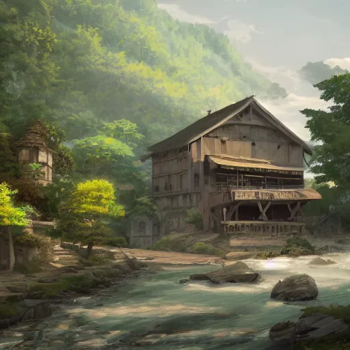 Image similar to concept art painting of a historic mill with european and japanese architecture, by a river, in a woodland village surrounded by trees and mountains, realistic, detailed, cel shaded, in the style of makoto shinkai and greg rutkowski and james gurney