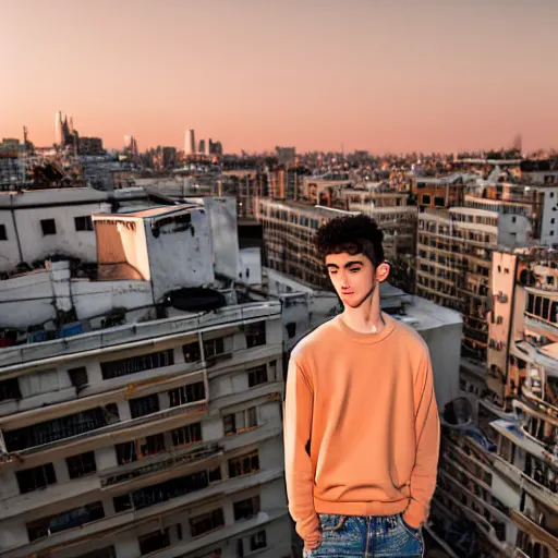 Prompt: un ultra high definition studio quality fashion editorial photographic portrait of a young man standing on the rooftop of an apartment building wearing all eclectic soft clothes. wide angle. three point light. extremely detailed. golden hour, golden ratio, ray tracing, volumetric light, shallow depth of field.