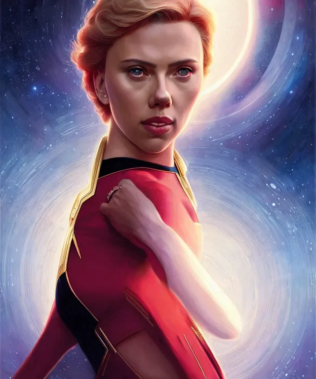 Image similar to Scarlett Johansson is the captain of the starship Enterprise in the new Star Trek movie, art nouveau,elegant, highly detailed, sharp focus, art by Artgerm and Greg Rutkowski