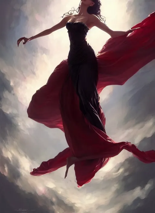 Image similar to desirable vampire woman floating in the air with silk cloth, fantasy, intricate, elegant, highly detailed, digital painting, artstation, concept art, matte, sharp focus, illustration, art by artgerm and greg rutkowski, dreadjim, zeen chin