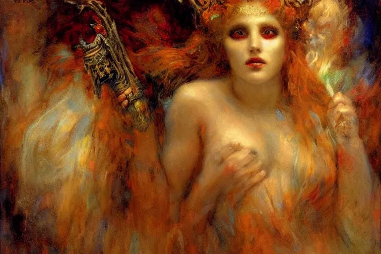 Image similar to portrait of the personification of the goddess of nightmares. art by gaston bussiere.