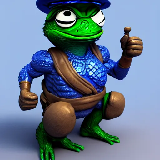 Prompt: pepe the miner with blue crystal, artstation, 3 d render, intricate, muscles