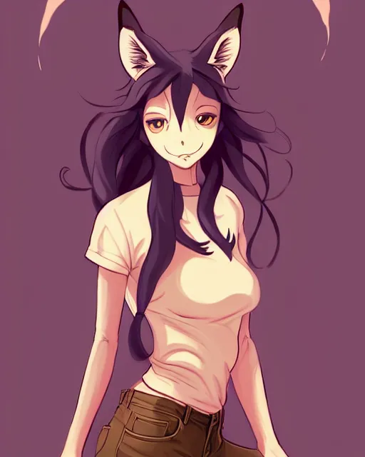 Image similar to fullbody shot of wild half - fox woman with fox nose and ears, wearing summer jeans shorts and tshirt, anime art, concept art, detailed attractive face with fox nose and fox mouth, symmetrical, trending on pixiv, by lois van baarle by sung choi by john kirby artgerm style pascal blanche and magali villeneuve and hayao miyazaki