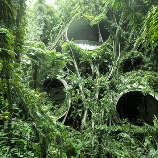 Prompt: old photo overgrown spaceship zaha hadid ruins in jungle