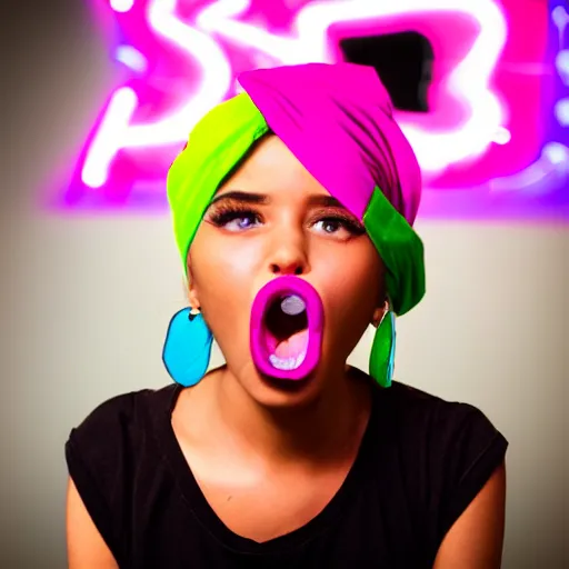 Image similar to beautiful Girl with a bandana, big mouth, big eyes, short black hair, in a neon style, close up