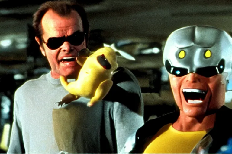 Prompt: Jack Nicholson plays Terminator Pikachu scene where his endoskeleton gets exposed still from the film