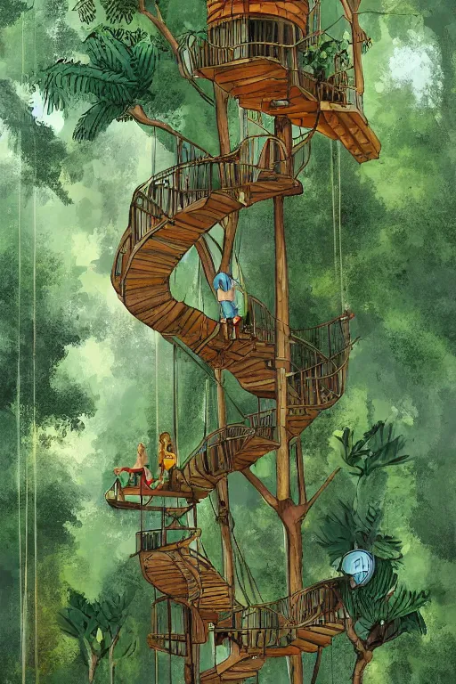 Image similar to tree house in the rainforest, spiral staircase, swings, garden, by alba ballesta gonzalez. 4 k wallpaper, digital flat 2 d, comic book, illustration, cinematic lighting, smooth sharp focus.