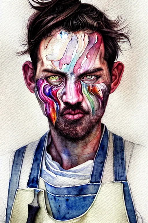 Prompt: watercolor portrait of a butcher with a white apron, romantisism, outrun, pastel colors, painting, dramatic, detailed, by android jones