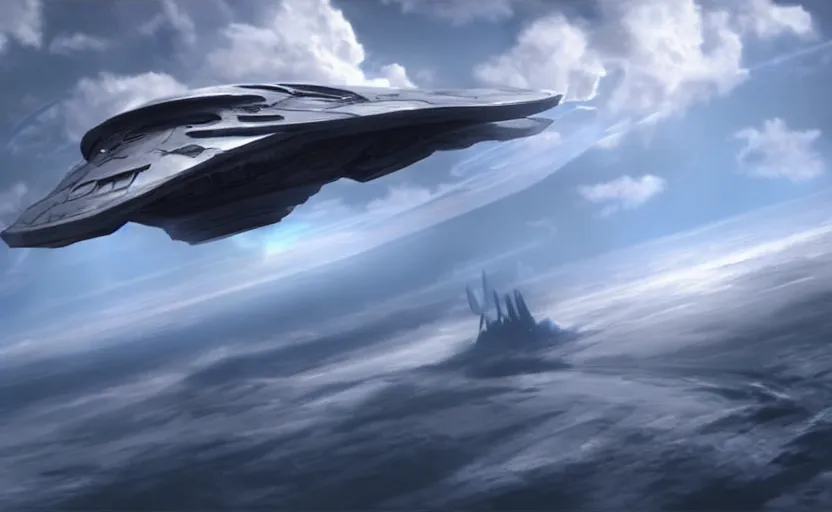 Prompt: an alien ship flies high above a thick sea of clouds, with blue sky above, sci-fi concept art, unreal engine 3d