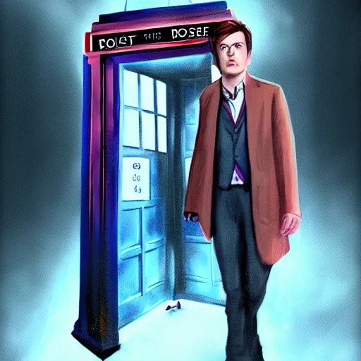 Image similar to The Tenth Doctor stepping out of the Tardis with his companion Rose, artstation