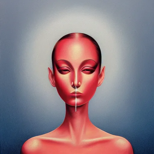 Image similar to a painting of a woman, an ultrafine detailed painting by rafal olbinski, behance contest winner, pop surrealism, detailed painting, very detailed, minimalist, skeuomorphic, airbrush art