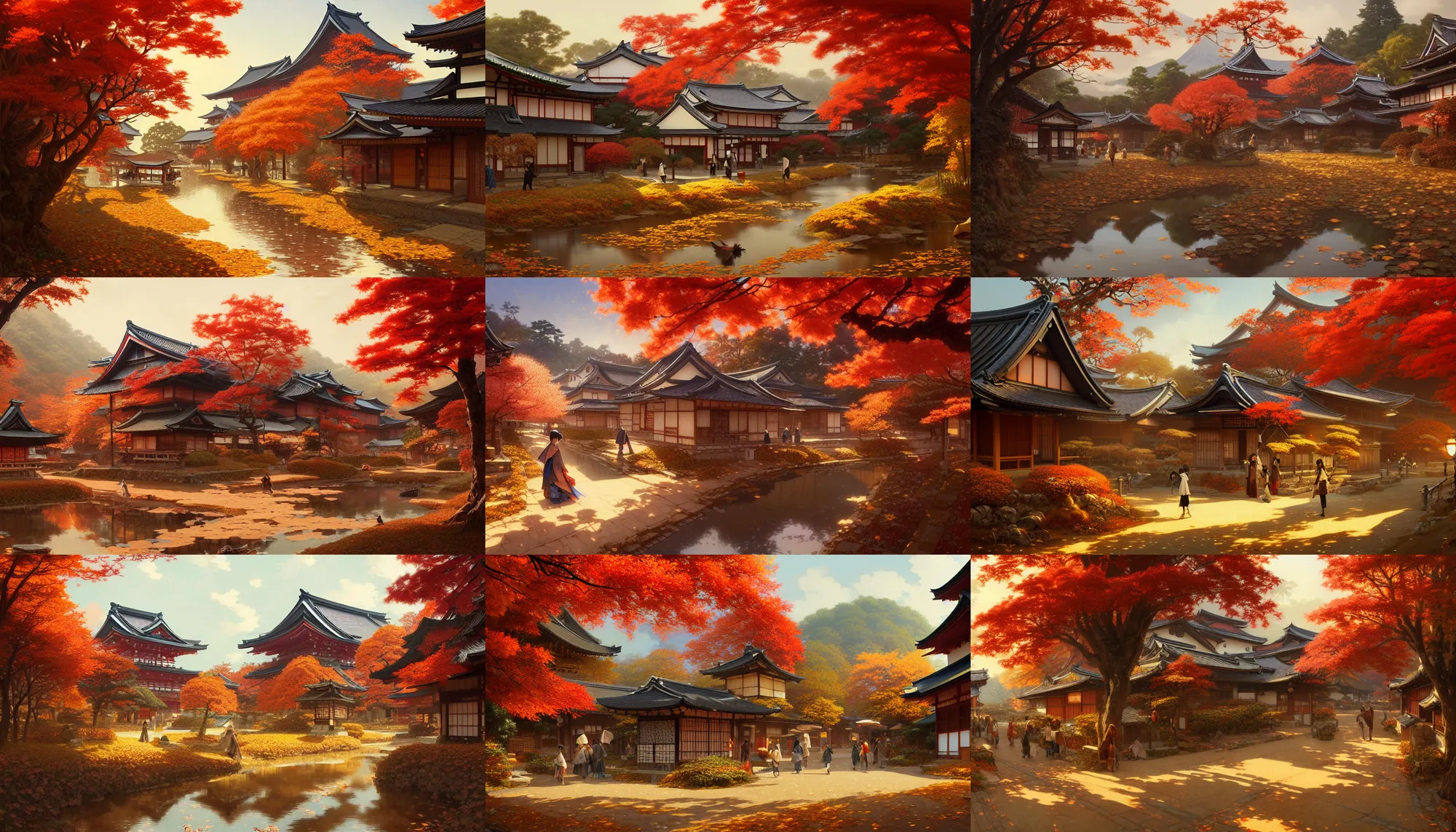 Prompt: japanese rural town, autumn, intricate, elegant, highly detailed, digital painting, artstation, concept art, smooth, sharp focus, illustration, art by artgerm and greg rutkowski and alphonse mucha, 8 k